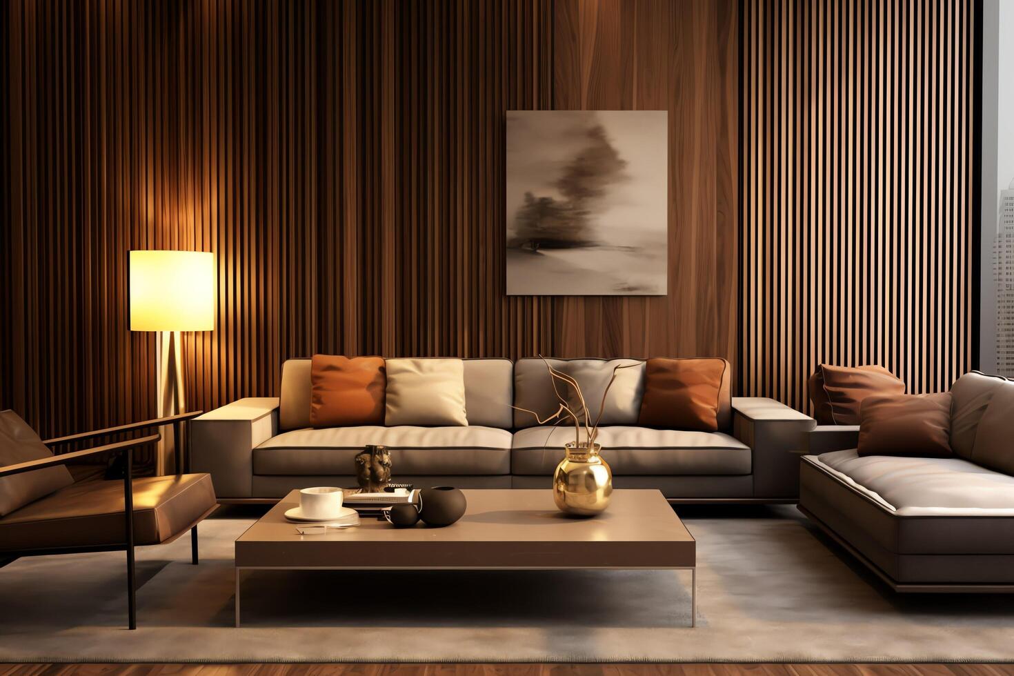 Modern apartment interior in living or bedroom design with working table, furniture, and bookshelf. Luxury home scandinavian concept by photo