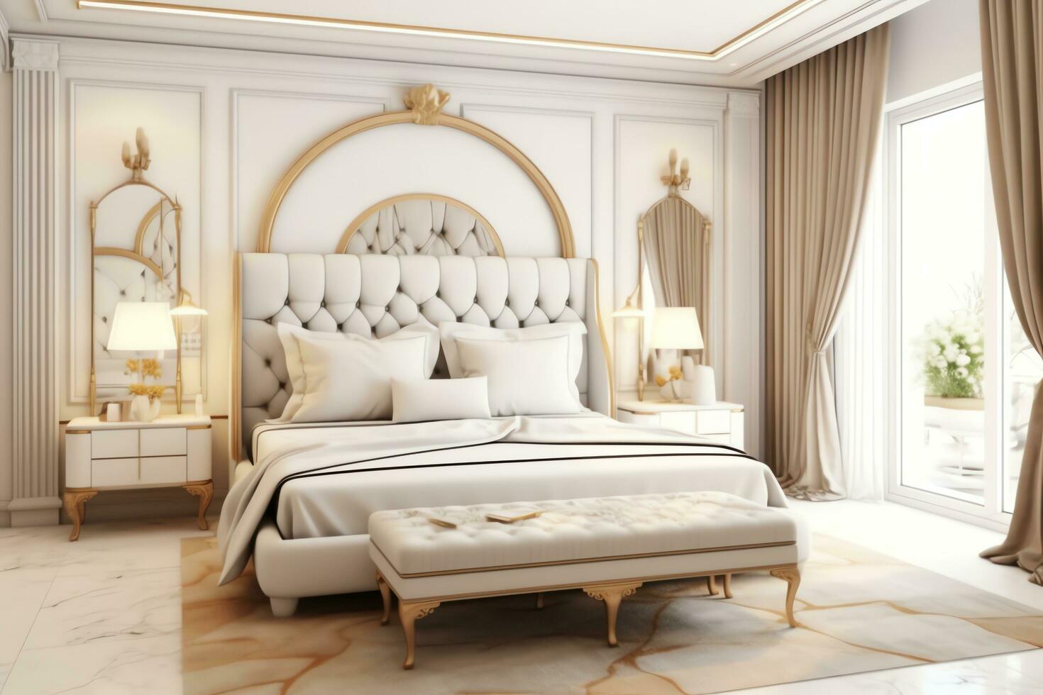 Modern bedroom interior design in apartment or house with furniture. Luxury bedroom scandinavian concept by AI Generated photo