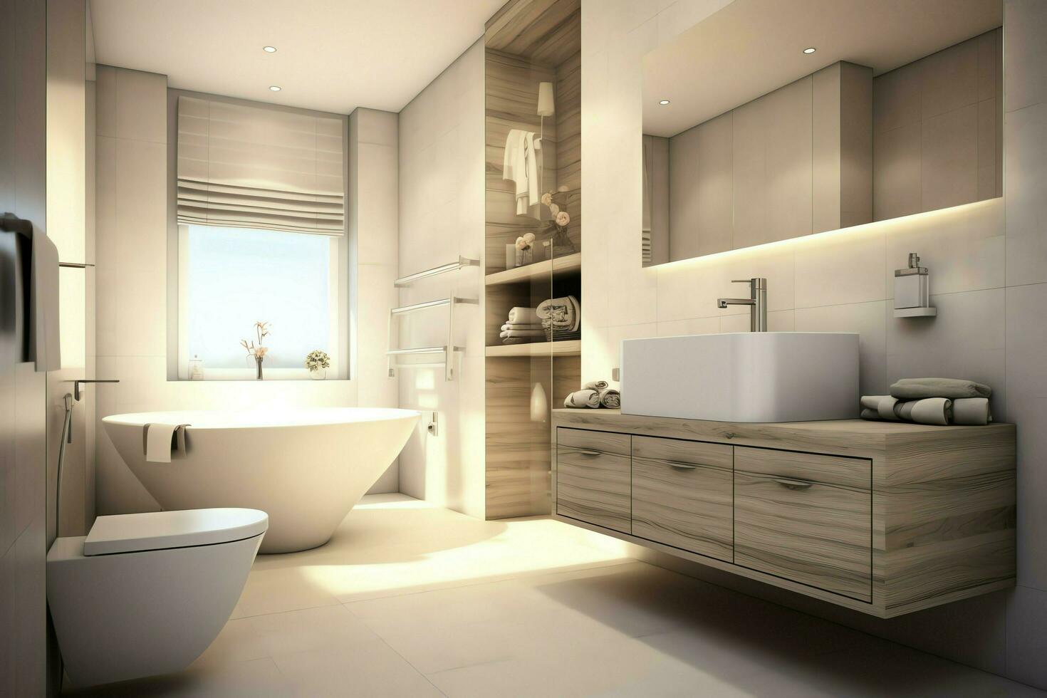 Interior design of a nice modern bathroom. 3D rendering modern toilet or bathroom in hotel or house concept by AI Generated photo