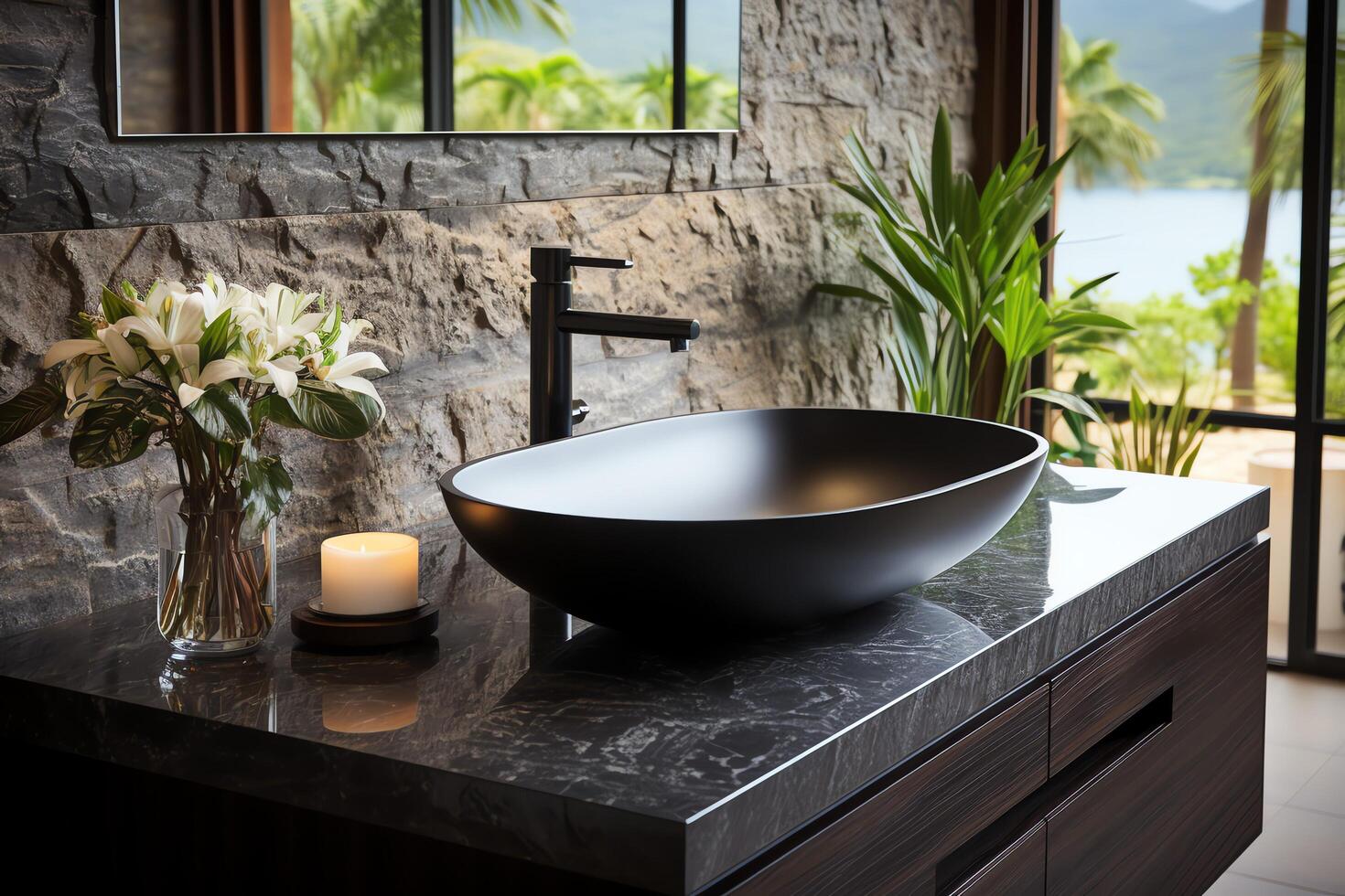 Modern public bathroom with row of white ceramic wash sink basins and faucet with mirror in restroom concept by AI Generated photo