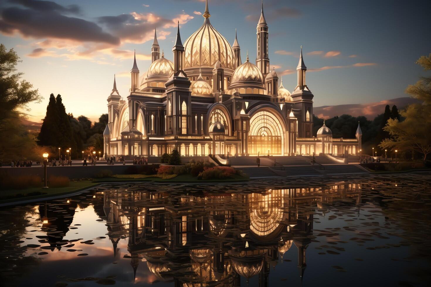 Awesome buildings of mosque in ramadan vibes. Ramadan kareem eid mubarak islamic mosque concept by photo