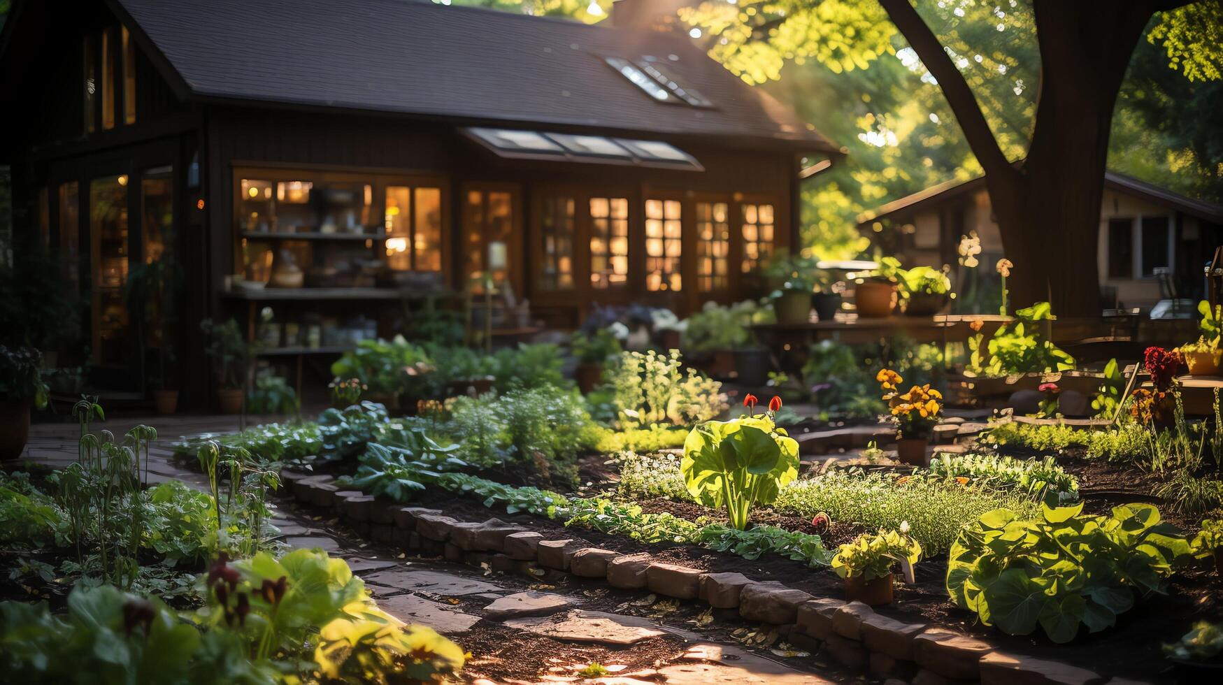 Wooden house in village with plants and flowers in backyard garden. Garden and flower on rural house concept by AI Generated photo