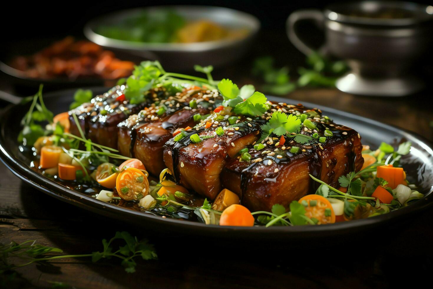 A delicious crispy pork belly fancy on plate. Restaurant food and asian cuisine concept by AI Generated photo