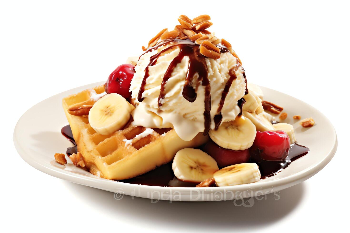 A delicious Banana split ice cream dessert with chocolate syrup. Banana split ice cream dessert by photo