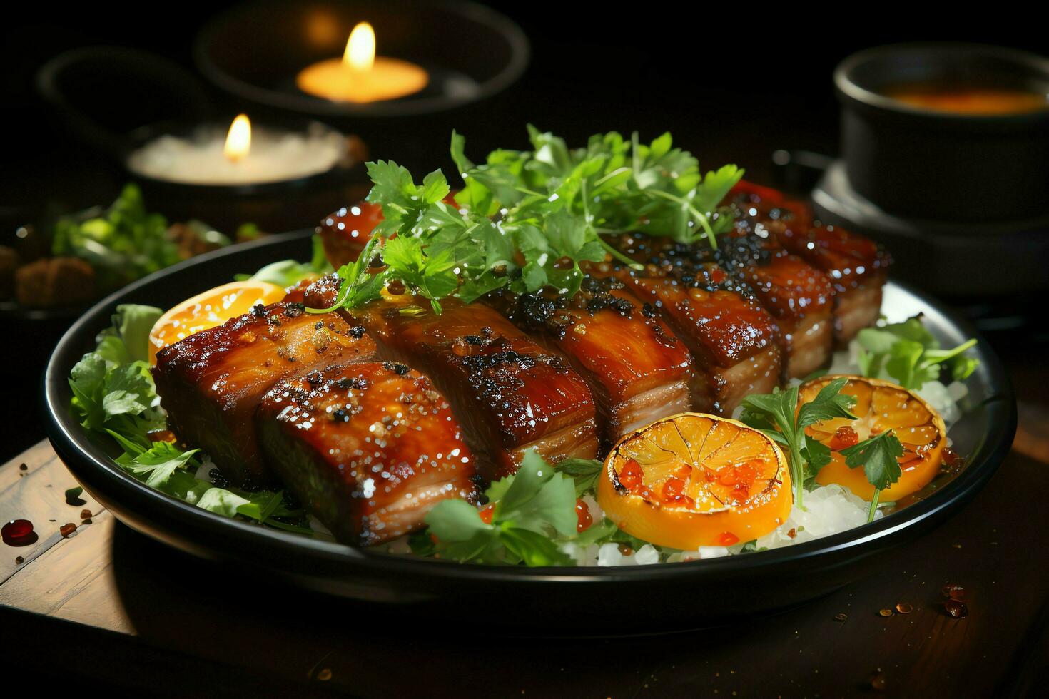 un delicioso crujiente Cerdo barriga lujoso en lámina. restaurante comida y asiático cocina concepto por ai generado foto
