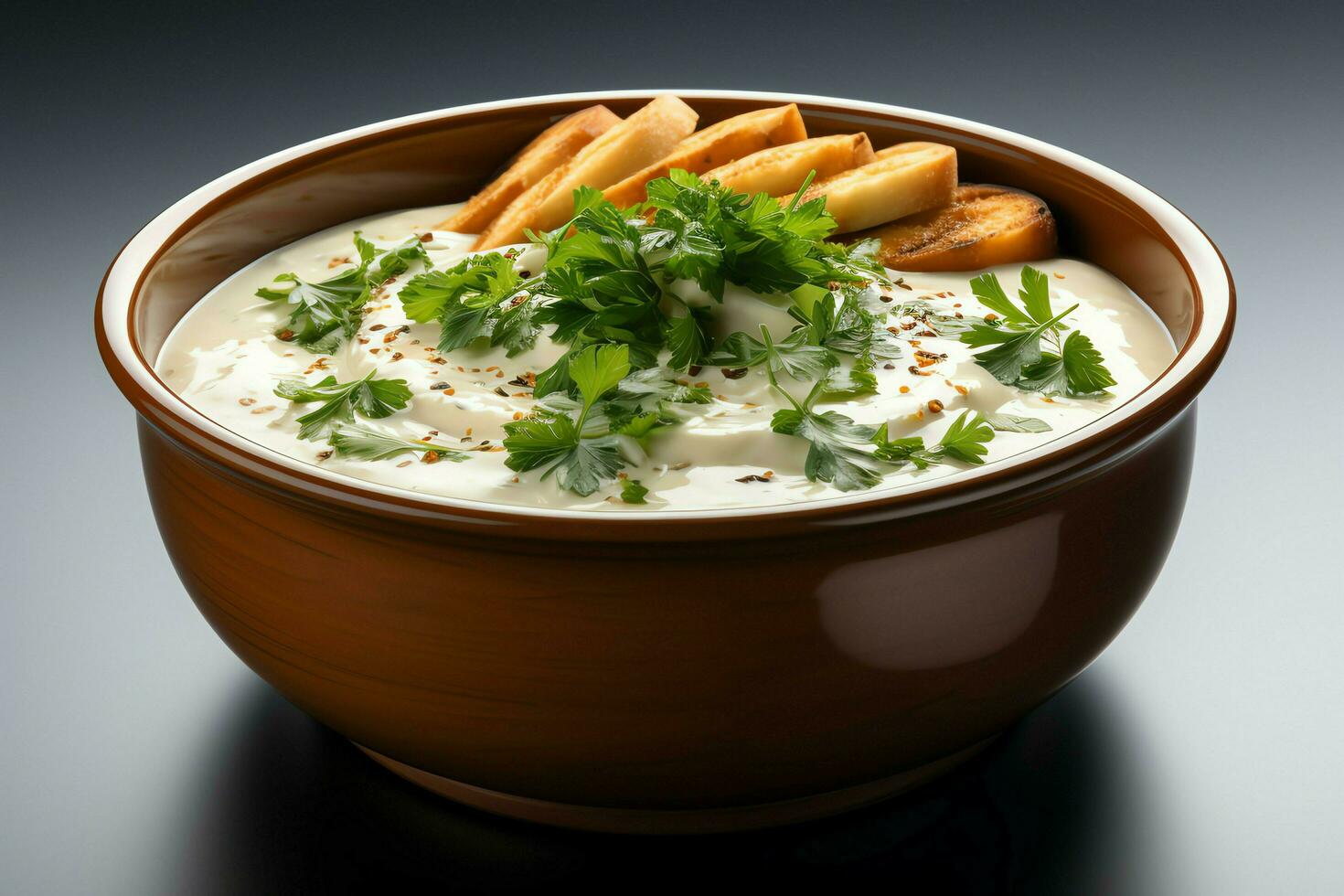 A delicious chicken soup food with vegetables in a bowl. Winter food and high protein soup meal concept by AI Generated photo