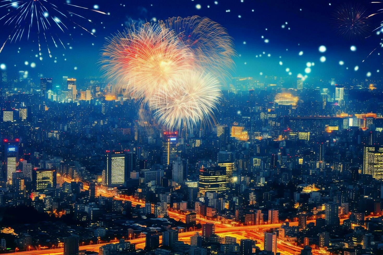 Beautiful firework show with cityscape at night for celebration happy new year. Firework display concept by AI Generated photo