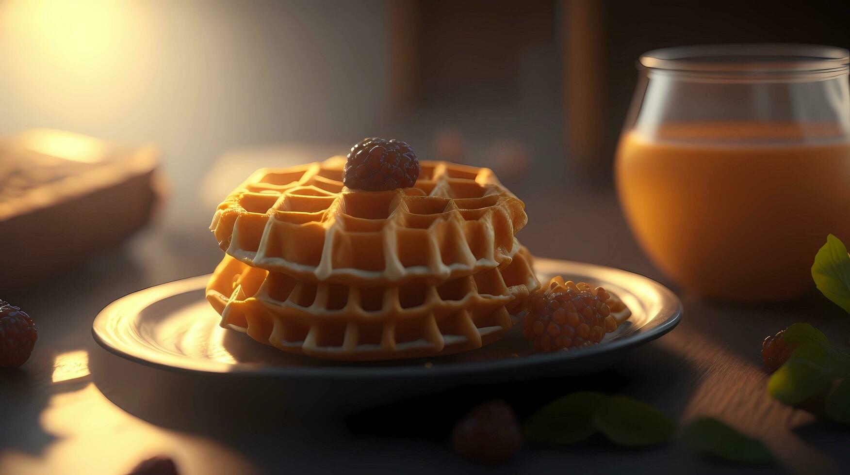 waffle in a plate at wooden table, Ai generative photo