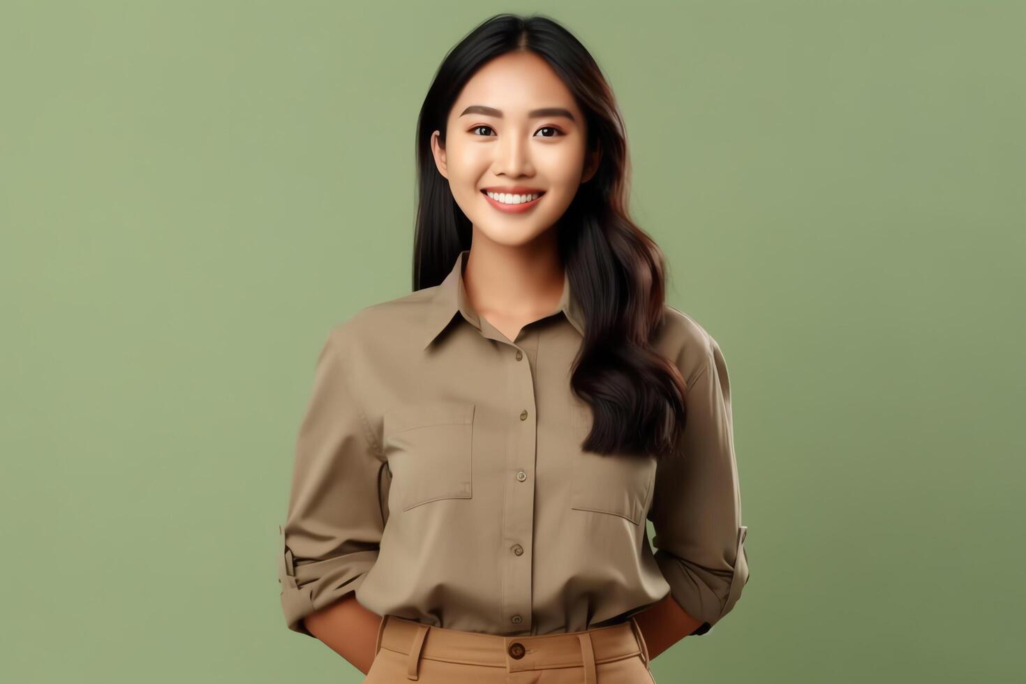 Beautiful asian woman in casual with smile cheerful. Studio shot asian woman standing hand gesture concept by photo