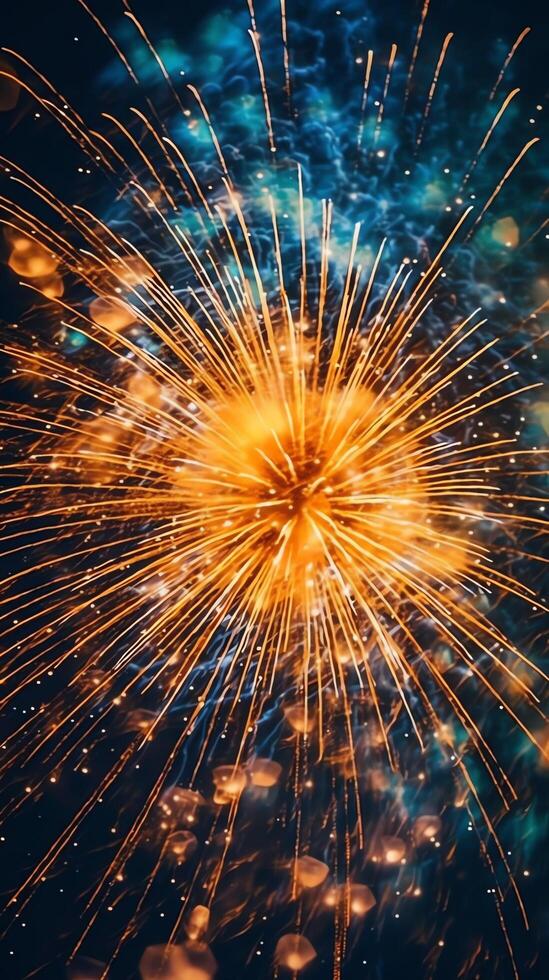 Beautiful firework show with cityscape at night for celebration happy new year. Firework display concept by photo