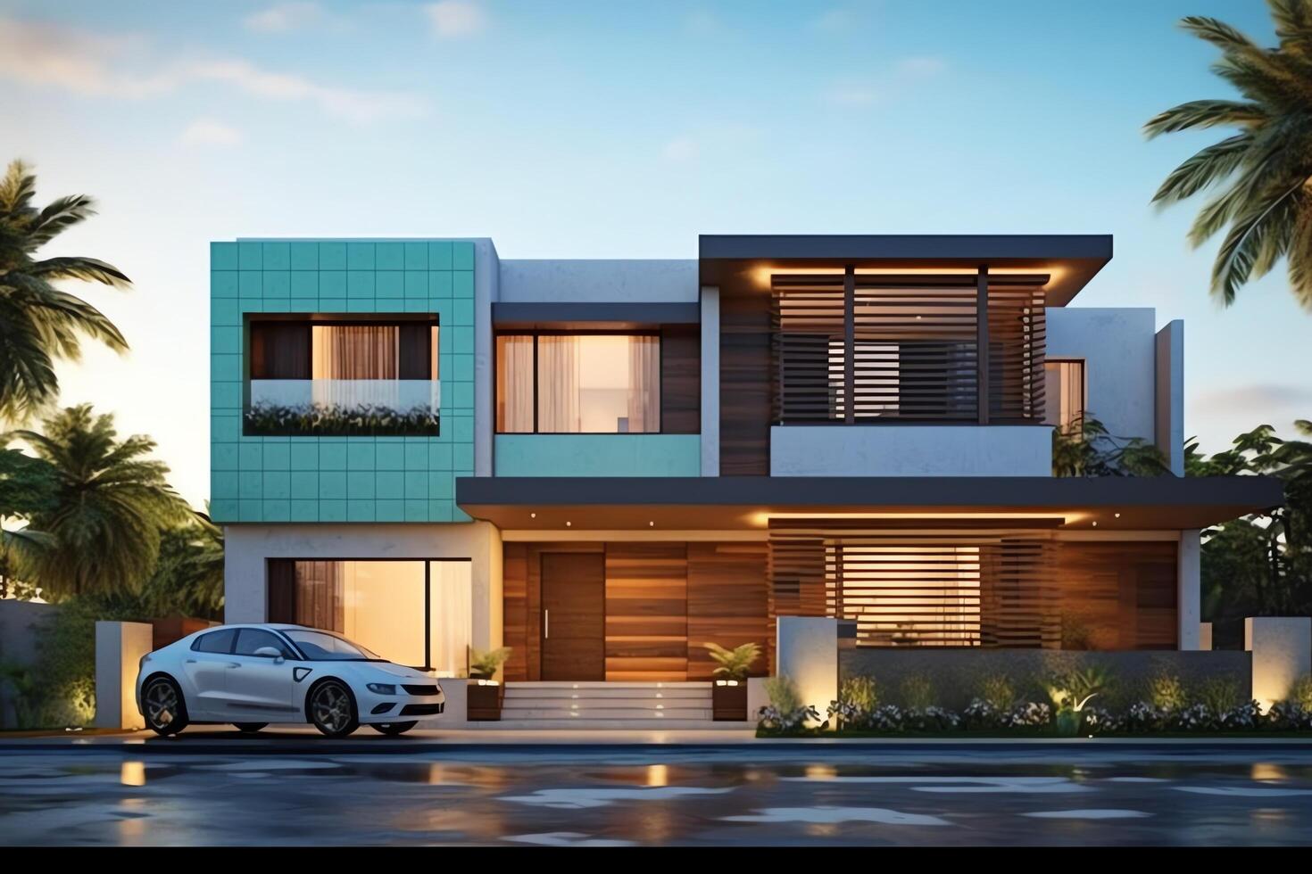 Beautiful modern house exterior with carport. Modern residential district and minimalist building concept by photo