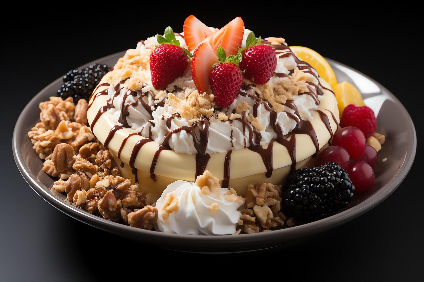 A delicious Banana split ice cream dessert with chocolate syrup. Banana split ice cream dessert by photo