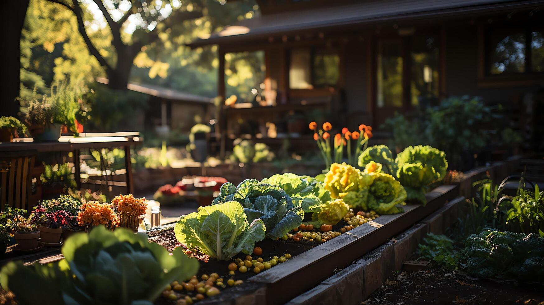 Wooden house in village with plants and flowers in backyard garden. Garden and flower on rural house concept by photo