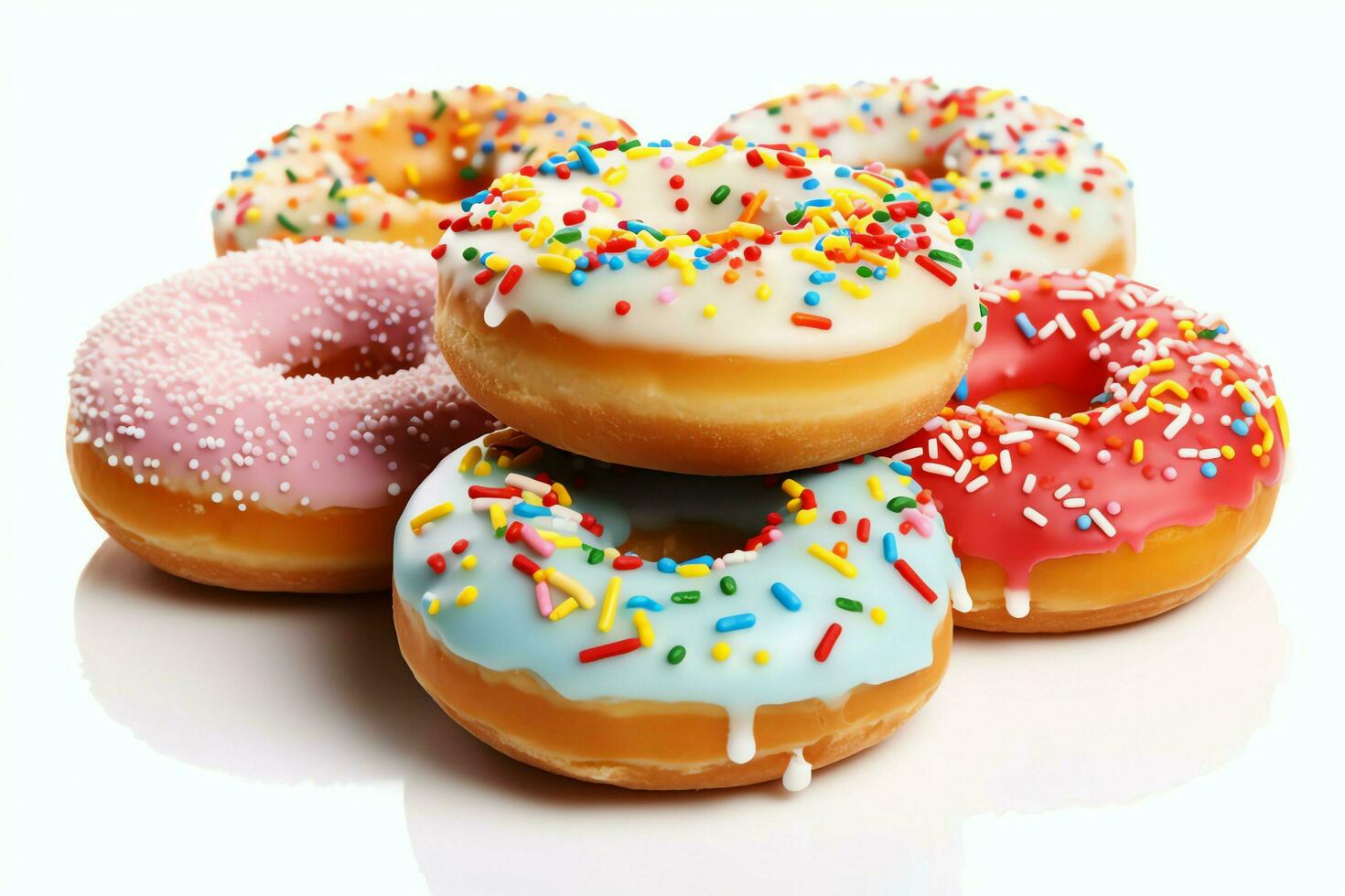 Colorful and tasty various donuts with colorful sprinkles sugar. Delicious dessert donuts background concept by AI Generated photo