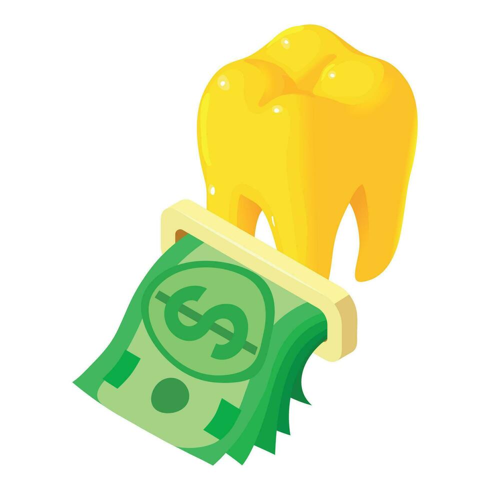 Paid medicine icon isometric vector. Human tooth and stack of dollar banknote vector