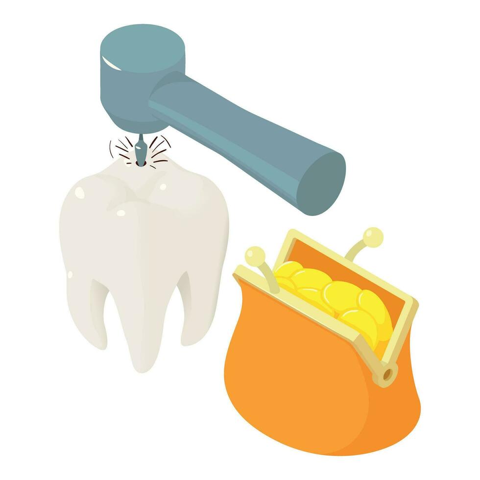 Tooth treatment icon isometric vector. Caries removing process and coin wallet vector