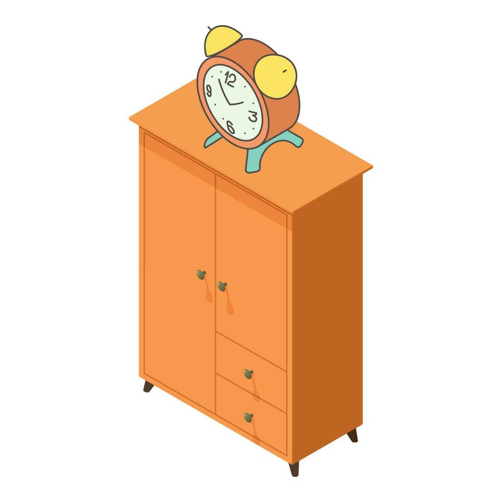 Alarm clock icon isometric vector. Retro alarm clock on wooden clothes cabinet vector