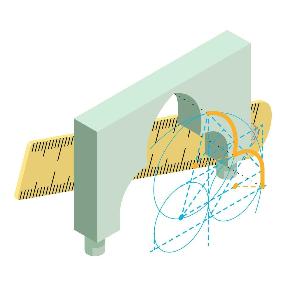 edificio icono isométrica vector. volumétrico arco proyecto y grande de madera regla vector