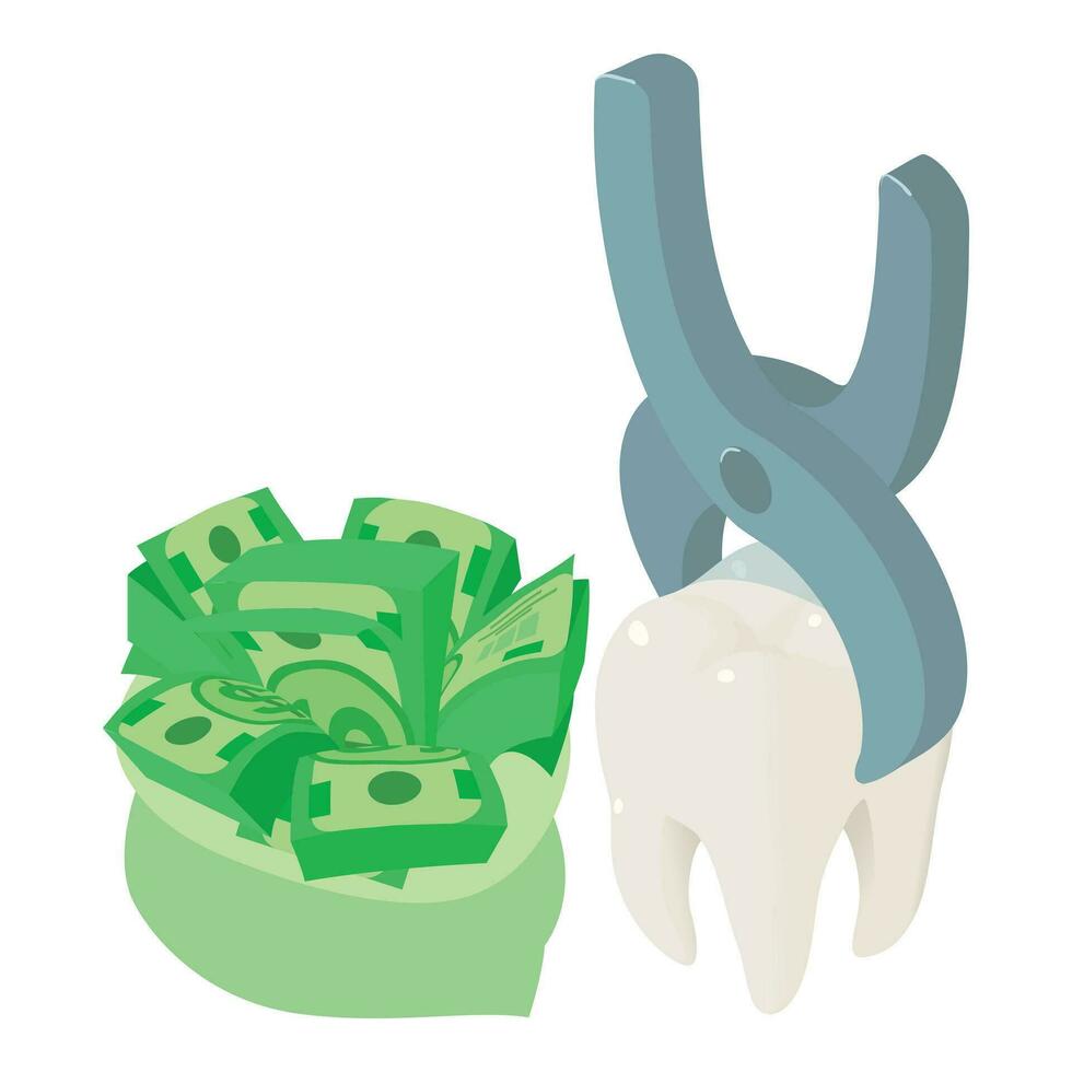 Tooth extraction icon isometric vector. Tooth clamped in medical forcep cash bag vector