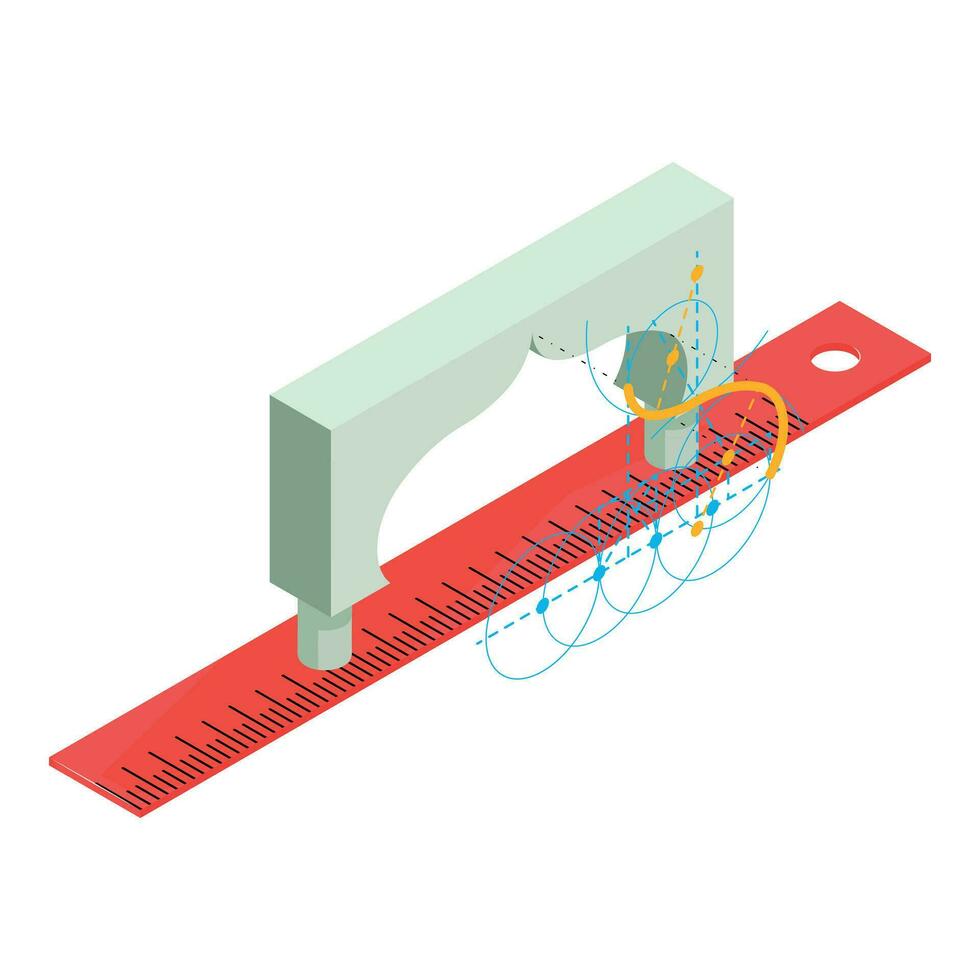 Reconstruction work icon isometric vector. Volumetric arch project and red ruler vector