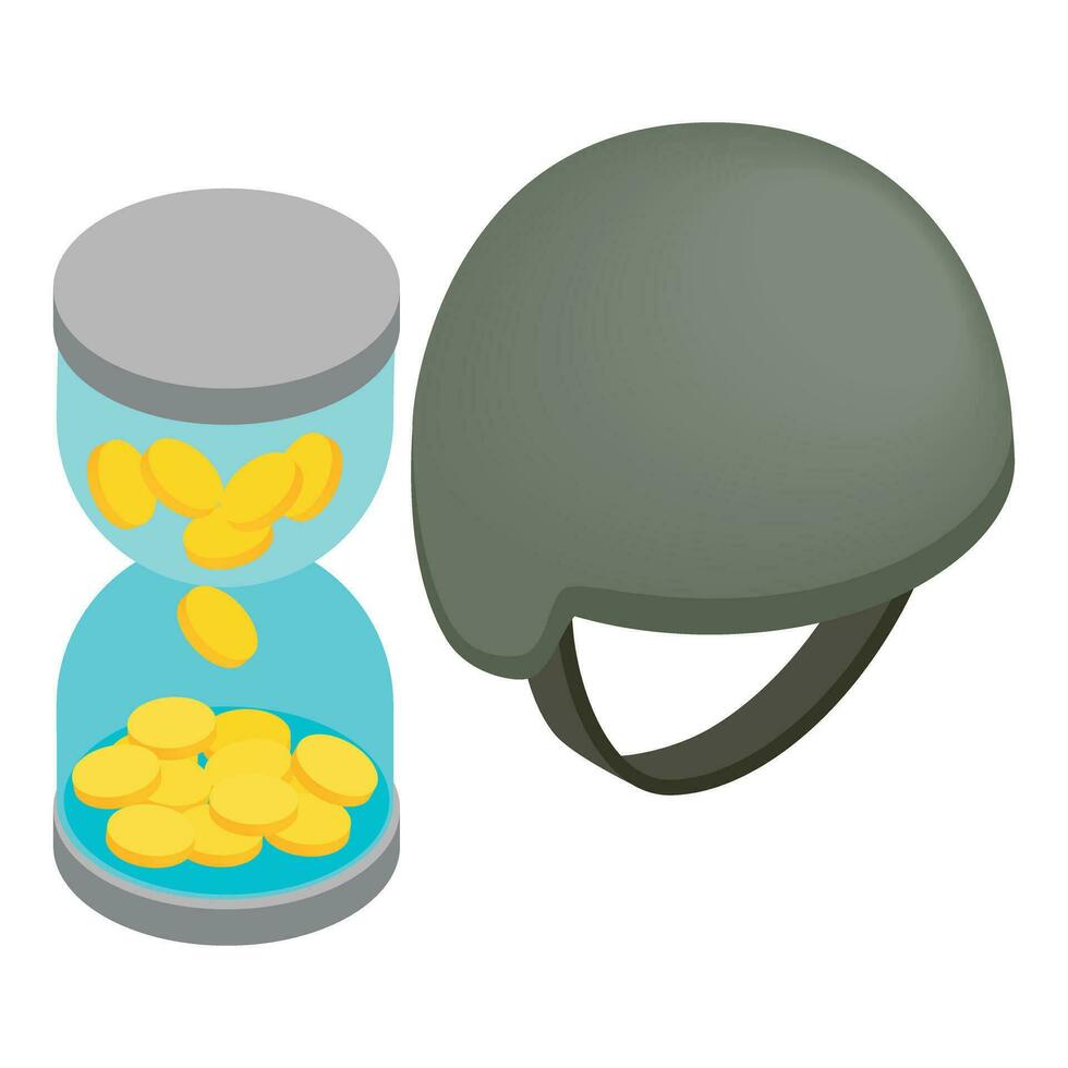 militar uniforme icono isométrica vector. militar casco y reloj de arena con moneda vector