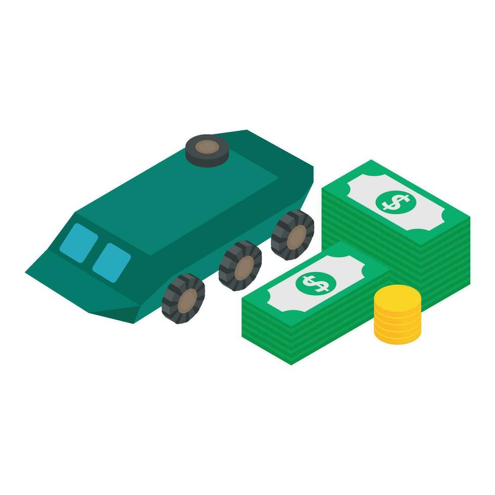 Military industry icon isometric vector. Armored military vehicle and cash money vector