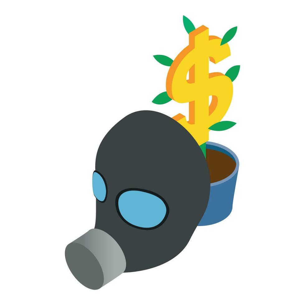 Special protection icon isometric vector. Gas mask and dollar sign in flower pot vector
