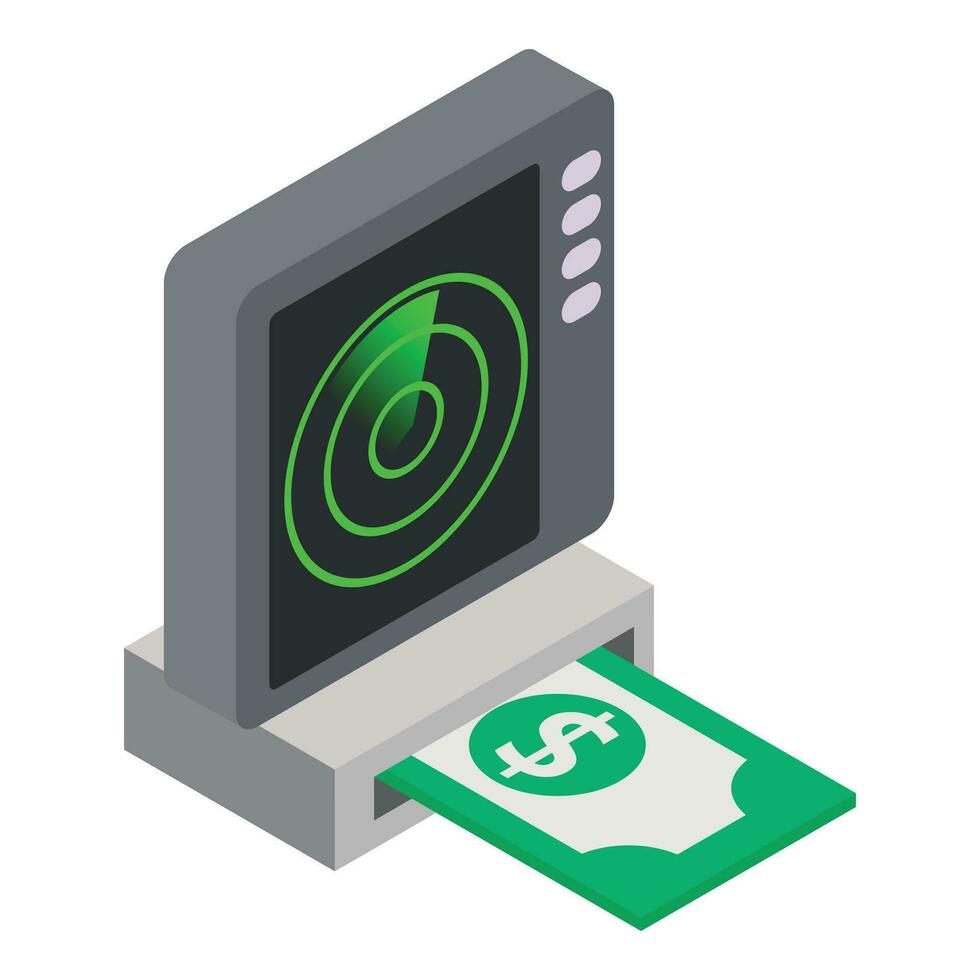 Military radar icon isometric vector. Big green radar screen and dollar banknote vector