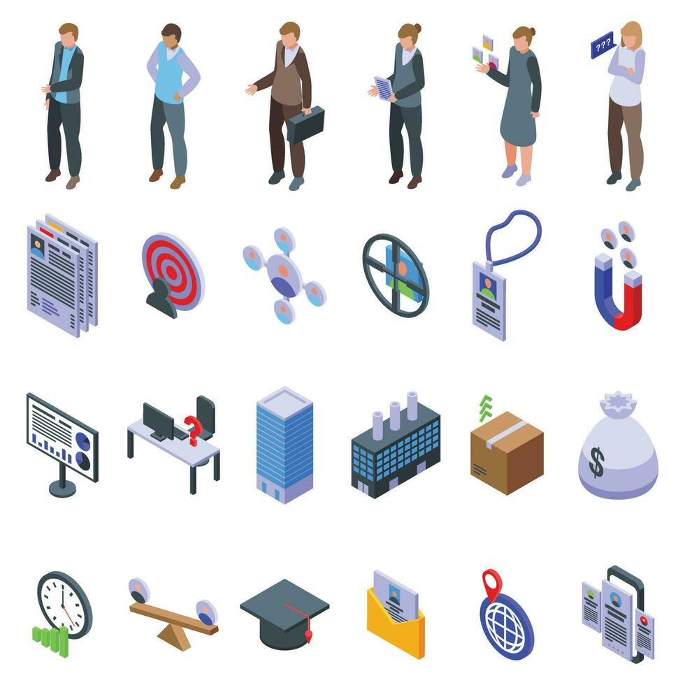 Human resources manager icons set isometric vector. Social office vector