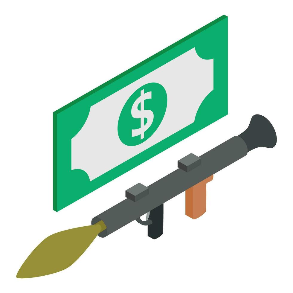 Weapon sale icon isometric vector. Grenade launcher and big dollar banknote icon vector