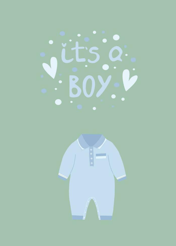 It is a boy vector illustration. Vector invitation for baby shower. Congratulations posters with lettering.