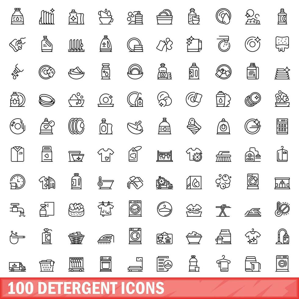 100 detergent icons set, outline style vector