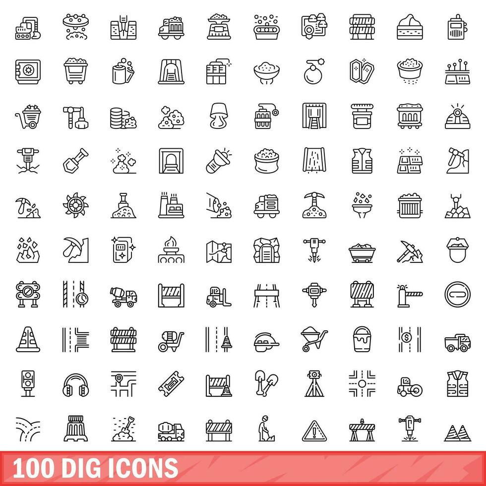 100 cavar íconos colocar, contorno estilo vector