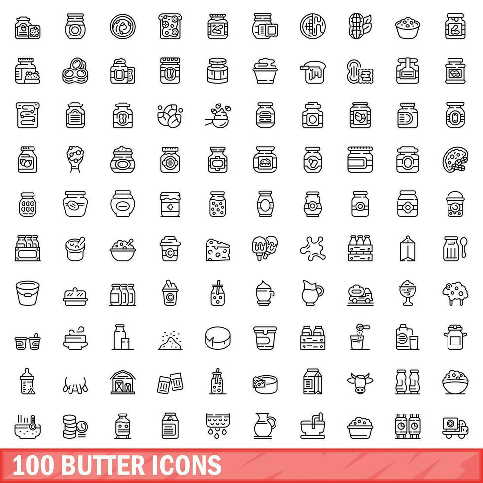 100 butter icons set, outline style vector