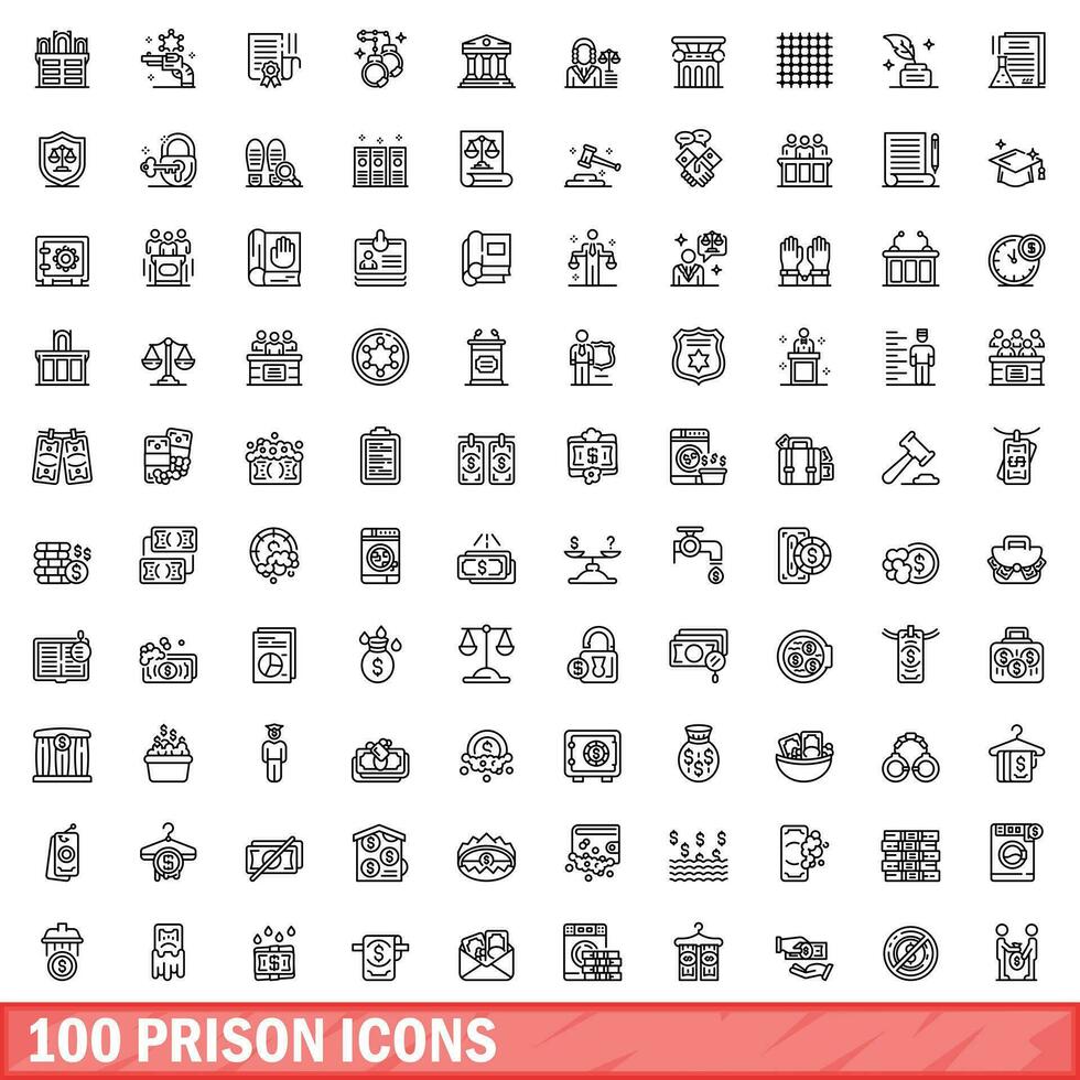 100 prison icons set, outline style vector