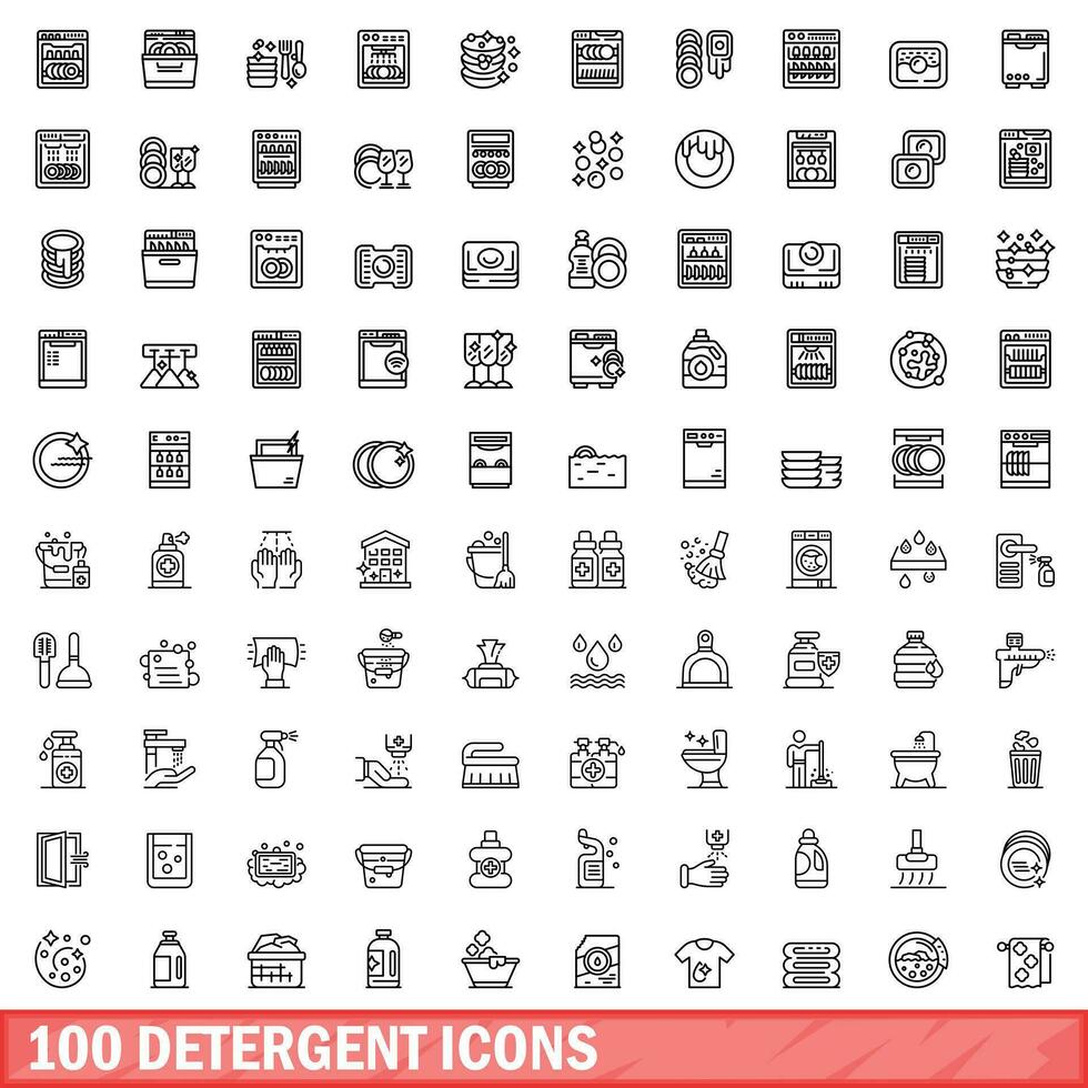 100 detergent icons set, outline style vector