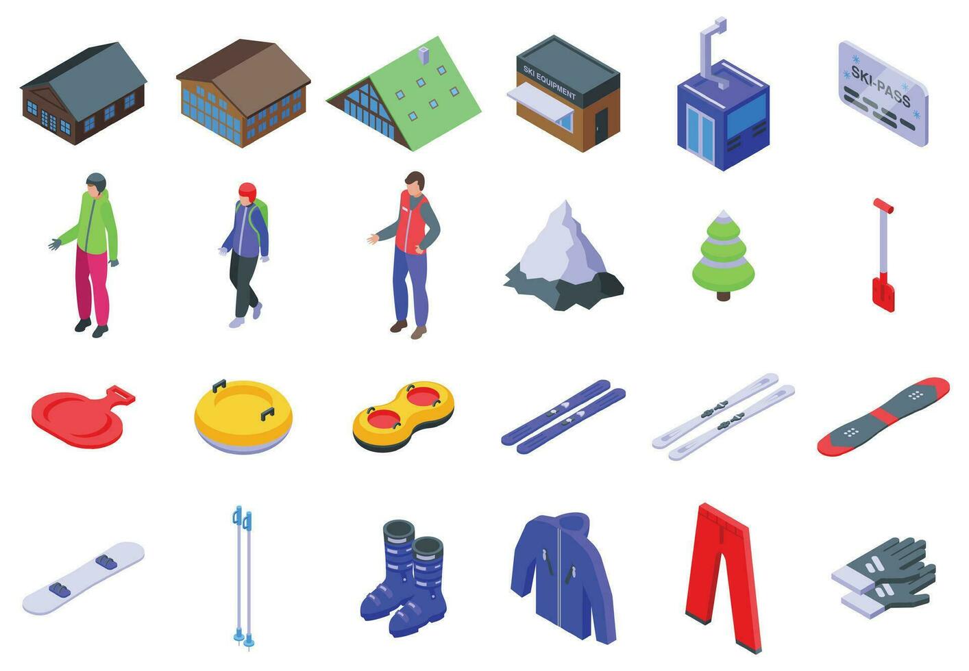 Ski equipment rental icons set isometric vector. Winter travel vector