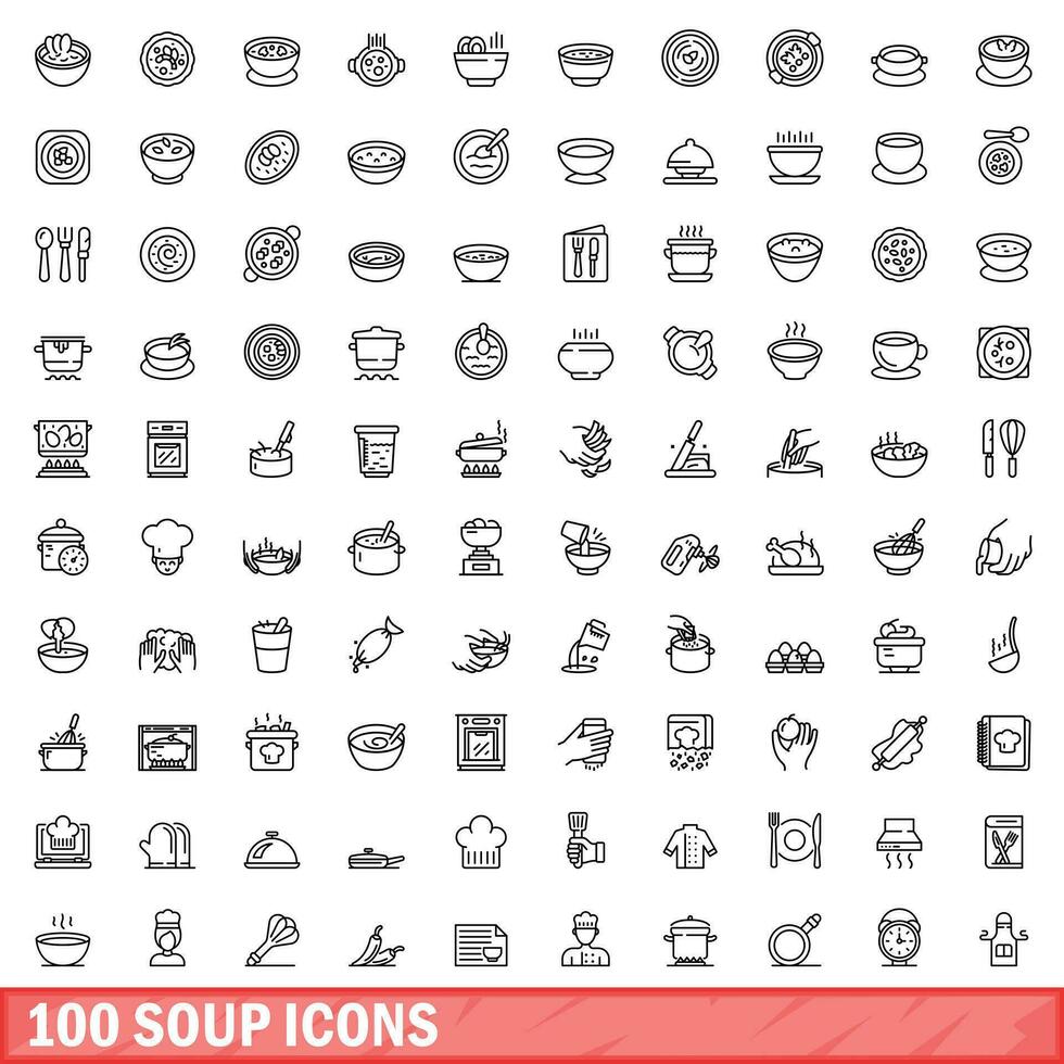 100 soup icons set, outline style vector