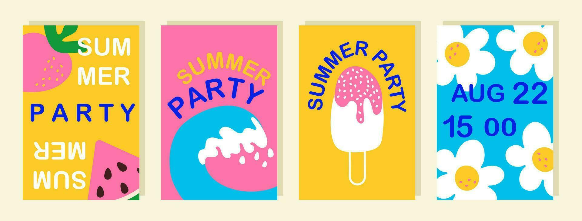 Summer party doodle posters set vector illustration