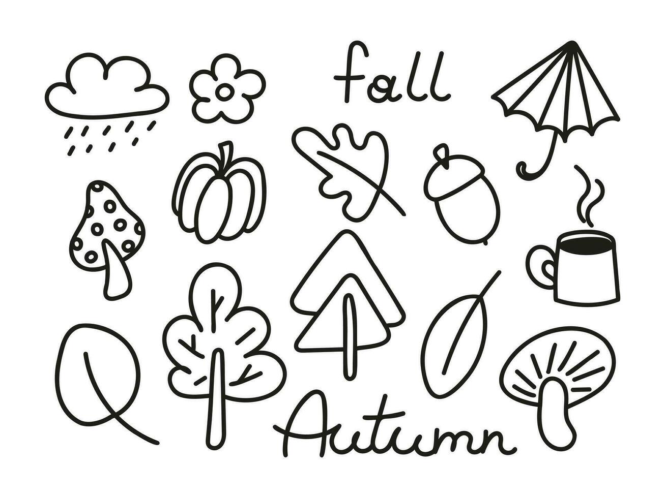 Childish autumn doodle set vector illustration isolated