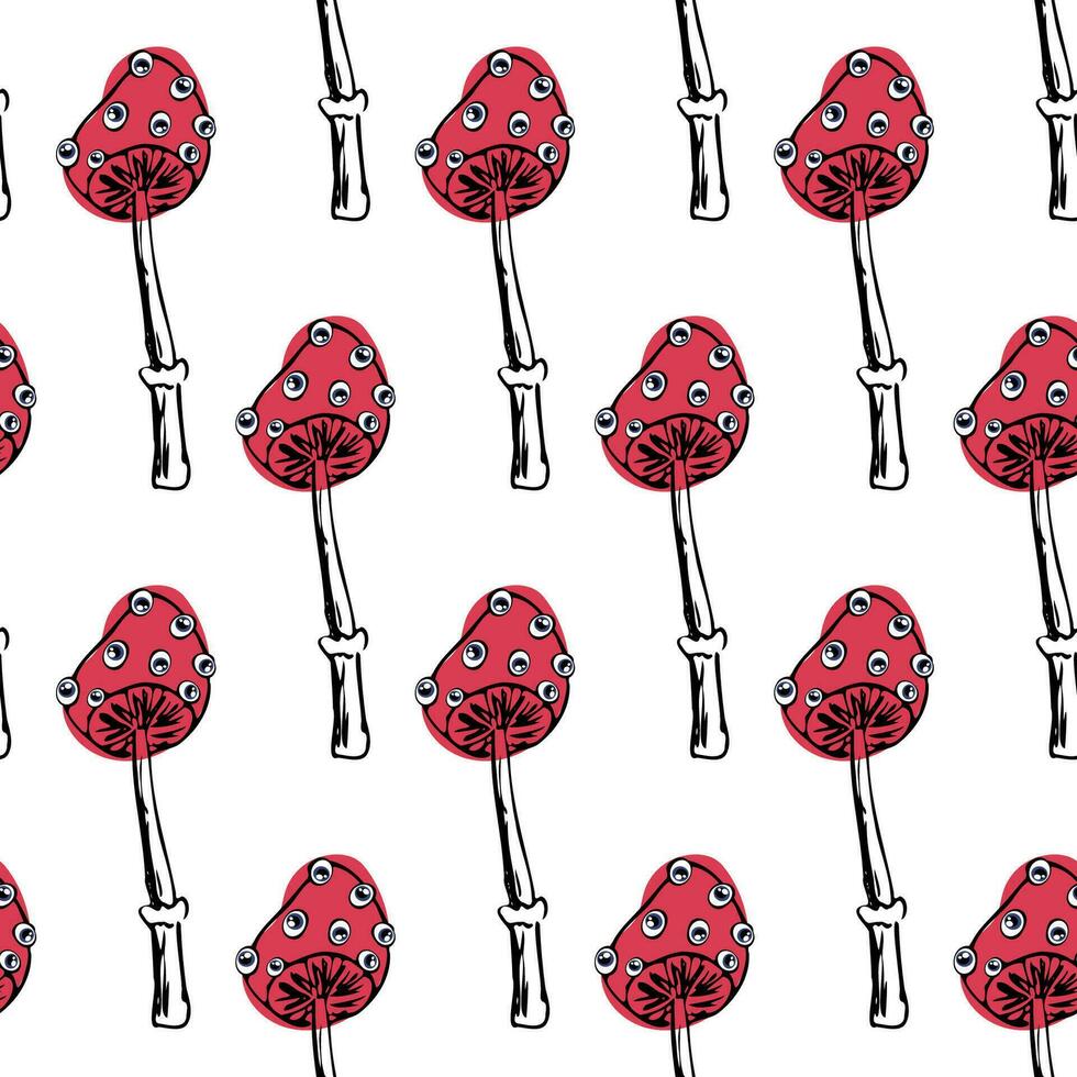 Amanita mushrooms with eyes seamless pattern vector illustration