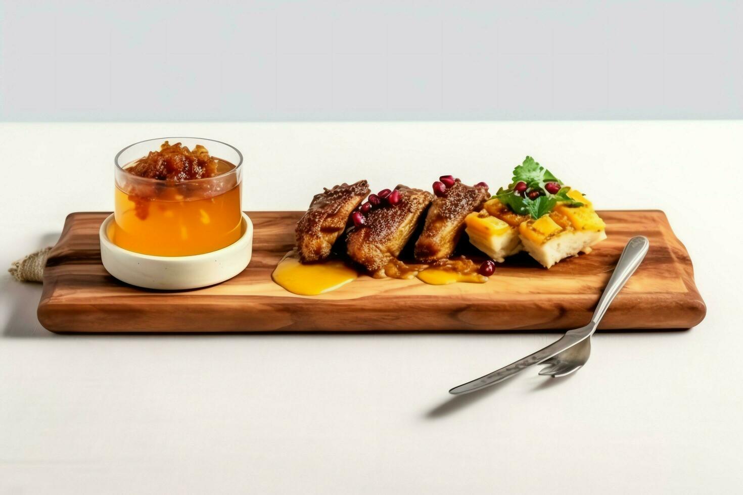 Pork belly braaivleis with mango and chili sauce served on a wooden plank. Restaurant food concept by AI Generated photo