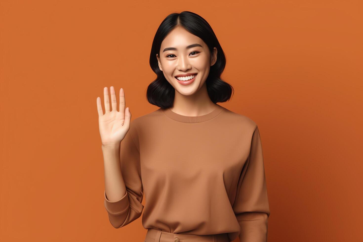 Beautiful asian woman in casual with smile cheerful. Studio shot asian woman standing hand gesture concept by photo