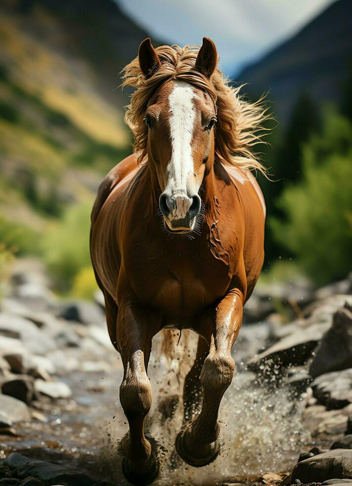 A wild horse running in the creek. Wild or farm animals concept by AI Generated photo