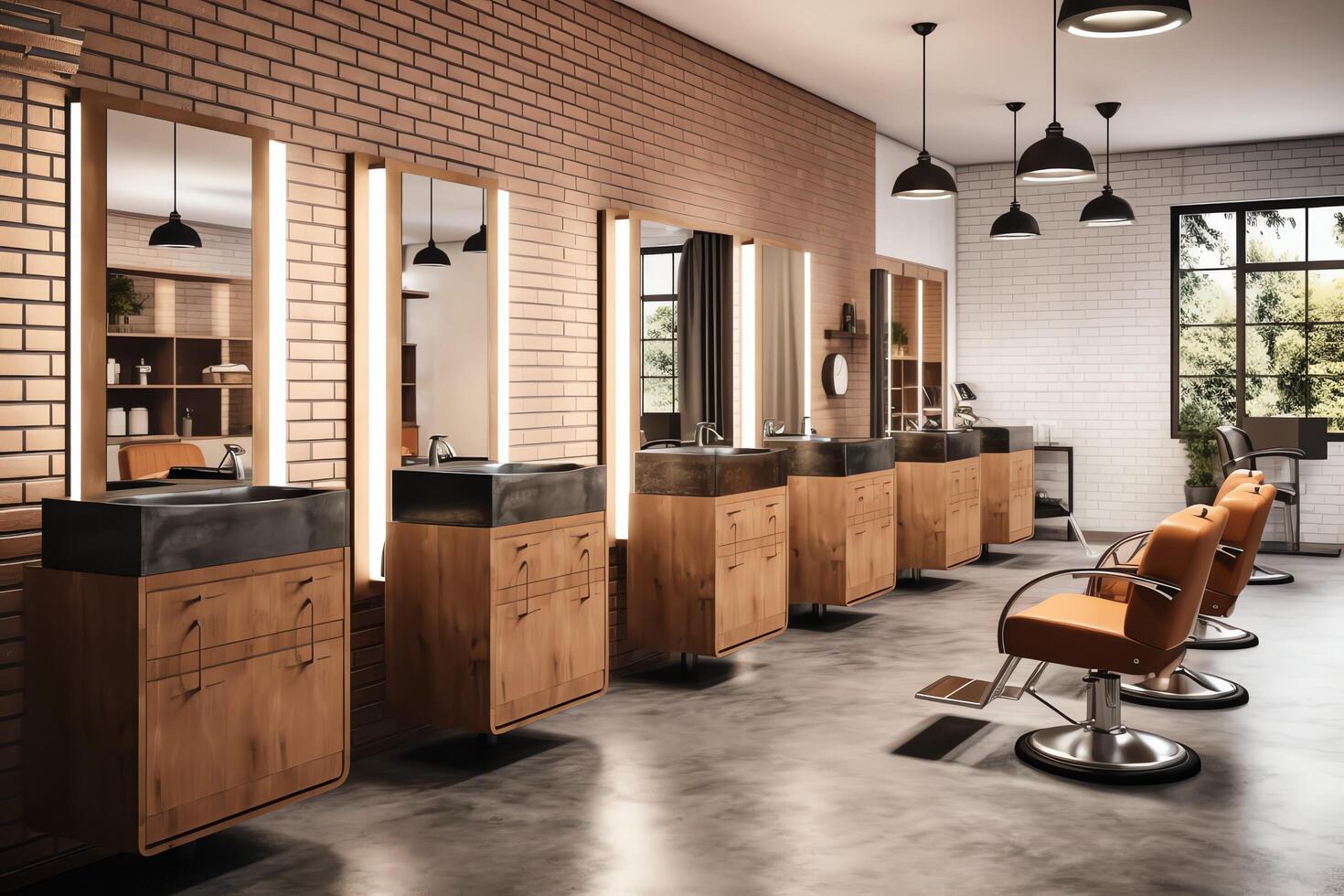 Modern barbershop interior with mirrors chair and other equipment near windows. Chairs in barbershop concept by AI Generated photo