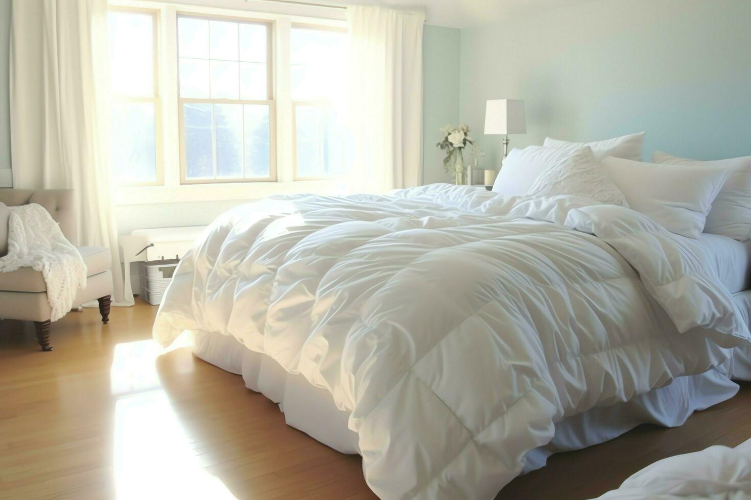 Beautiful luxury comfortable white pillow and blanket on bed decoration. Luxury white down comforter concept by AI Generated photo