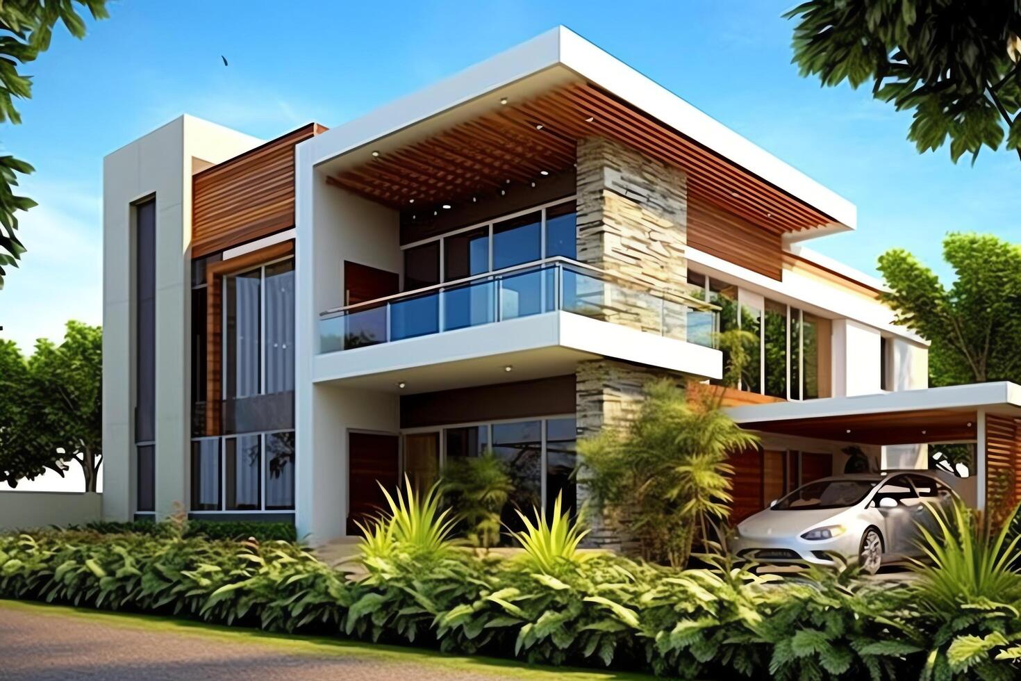 Beautiful modern house exterior with carport. Modern residential district and minimalist building concept by photo