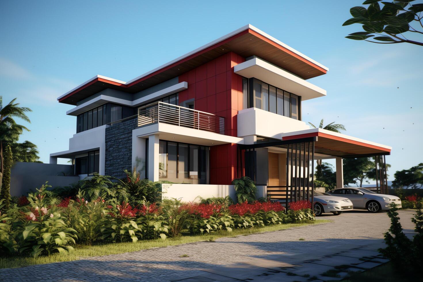 Beautiful modern house exterior with carport. Modern residential district and minimalist building concept by photo