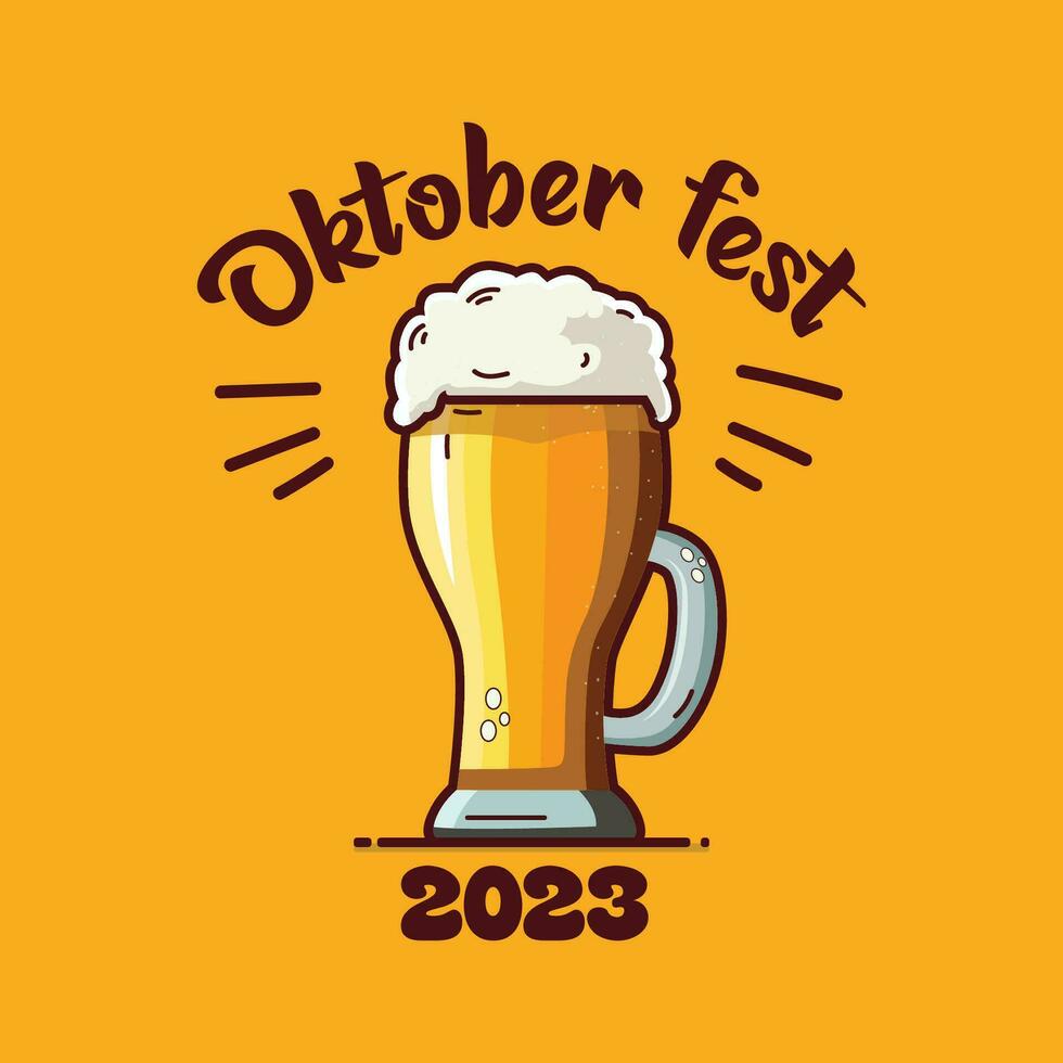 Oktoberfest 2023 vector template illustration with beer mug icon and October fest lettering on a yellow background. Oktoberfest holiday celebrated in Germany.