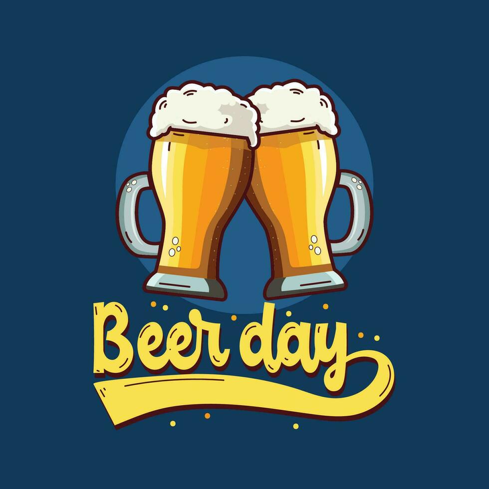 Beer day old style retro lettering template design with beer mu on blue background. Oktoberfest banner, template, poster, greeting card vector illustration to celebrate traditional holiday in Germany